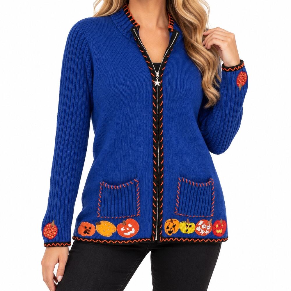 The Quacker Factory Small Halloween Pumpkin Holiday Sweater Blouse Shirt Top